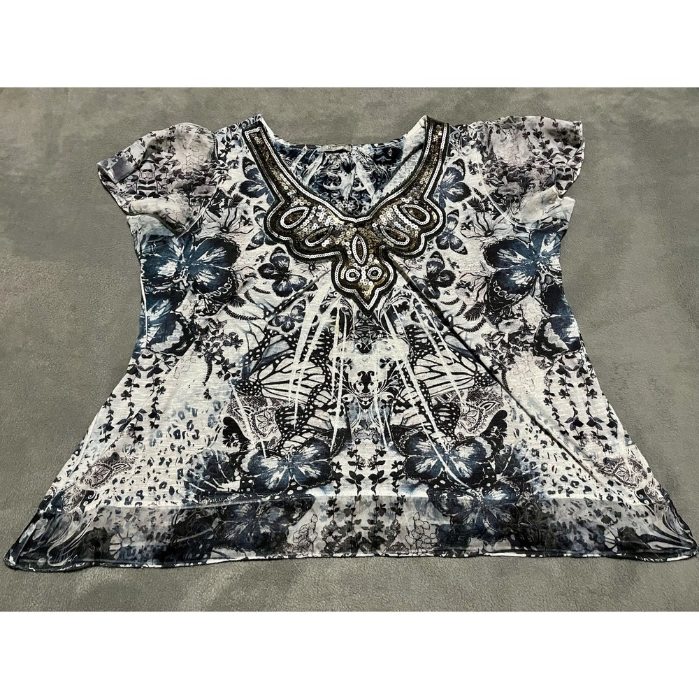NEW DIRECTIONS‎ Weekend 3x Butterfly/sequins Cap Sleeve Blouse Top